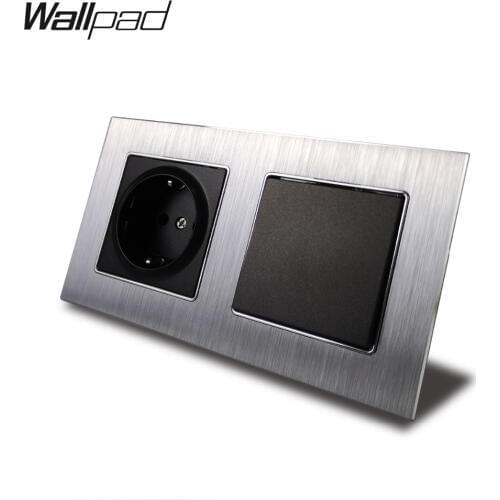 Metal EU 1 Gang Light Switch and Socket Wallpad 156*86mm Satin Panel 16A Schuko EU Power Socket 2 Way Switch with Clips Mounting