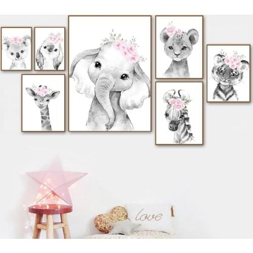 Koala Rabbit Tiger Lion Giraffe Pink Flower Wall Art Canvas Painting Nordic Posters And Print Wall Paintings For Kids Room Decor