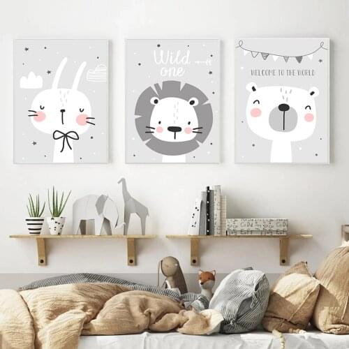 Nursery Poster Print Grey Lion Bear Rabbit Wall Art Decoarion Kids Bedroom Wall Painting Canvas Picture for Child Room Decor