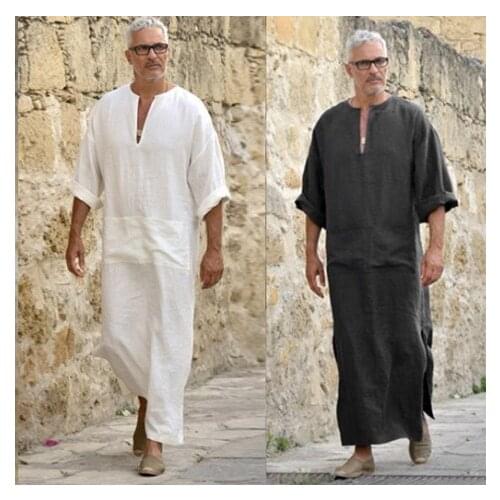 Men Muslim Fashion Turkish Linen V Neck Indian Dress Robe Islamic Clothing Male Jubba Thobe Robe Abaya Men Casual Street Robe