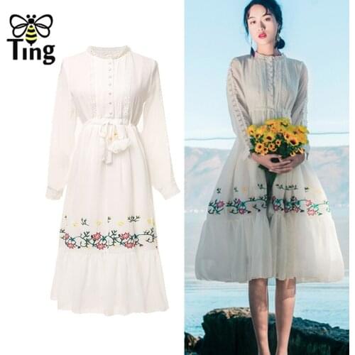 Tingfly Vintage Elegant Women Flower Embroidery A Line Vacation Dress Lady Girl Boho Fashion Casual Vestidos Chic Clothing Traf