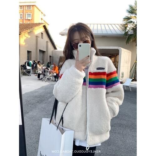 Lgbt Clothes Rainbow Coat Women Autumn Lambswool Jacket Causal Long Sleeve Striped Outwear Female Harajuk Loose Tops Punk Style