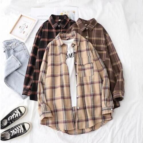 PUWD Casual Woman Oversized Sofic Basic Plaid Shirts 2021 Spring Fashion Ladies Loose Single Breasted Blouse Female Vintage Tops