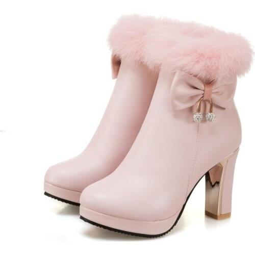 Big Size Rabbit hair boots, high heels, Plush warm boots, pointed cotton shoes, snowy boots for women
