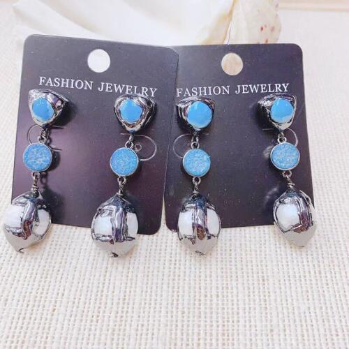 Plated Blue Druzy Stud Pearl long earrings Fashion Hot Sell Natura Pearl Druzy Earring Dangle Earring 3Pairs Gunblack Plated