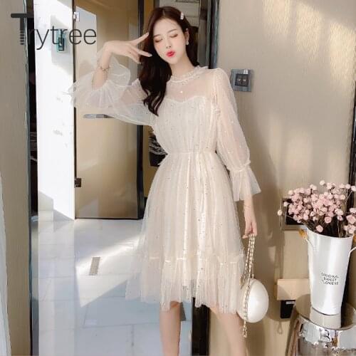 Trytree 2020 Spring Women Casual Dress Stand Collar Flare Sleeve Patchwork Lace Sequin Lace 2 Colour Fashion Mini A-line Dress