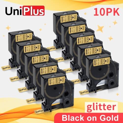 UniPlus 10PK Glitter Label Tape Compatible Dymo D1 12mm dymo Tape Black on Shiny Gold Flash Ribbon for Dymo Label Printer 450