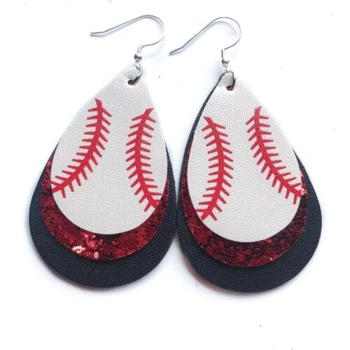 Bohemia baseball Three Layers Teardrop Leather Earrings for Women Glitter Earrings Fashion Sport Jewelry Earrings gifts
