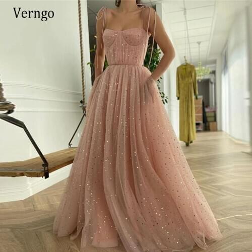 Verngo Glitter Golden Stars A Line Tulle Dusty Pink Long Prom Dresses 2021 Spaghetti Straps Draped Top Elegant Evening Gowns