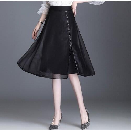 Women A-line Skirt Spring Summer High Waisted Plus Size Black Mesh Skirts Office Lady Elegant Casual Loose Mid-long Skirts 6662