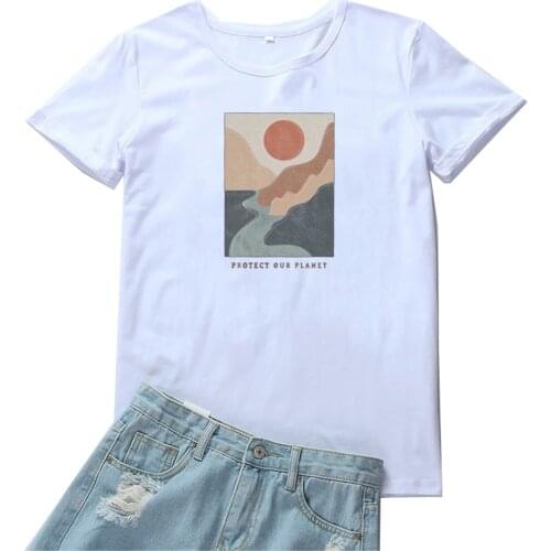 Protect Our Planet Women Tshirt Cute Cartoons Sun Mountain Graphic Tees T Shirts Women Black White Cotton Tops Camisetas Mujer