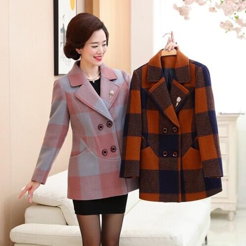 Middle-aged ladies clothing woolen coats Wool Blends coat women long sleeve Double Breasted lapel woolen Plaid jacket casual