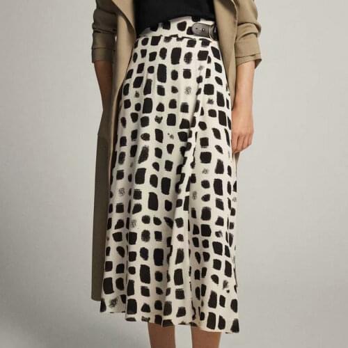 2020 Women Casual Summer Chiffon Spot Printed A-Line Midi Skirts Office Lady Vintage High Waist Mid-Calf Long Buckle Streetwear