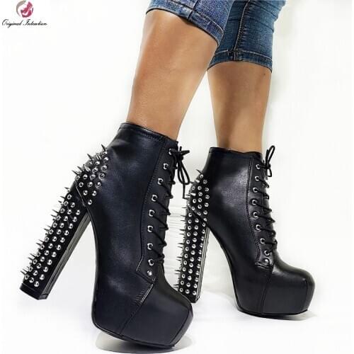 Women Round Toe Ankle Boots Winter New Style Black Platform Square Heel High Heels Lace Up Rivet Boots Femmes Bottes Size 36-47