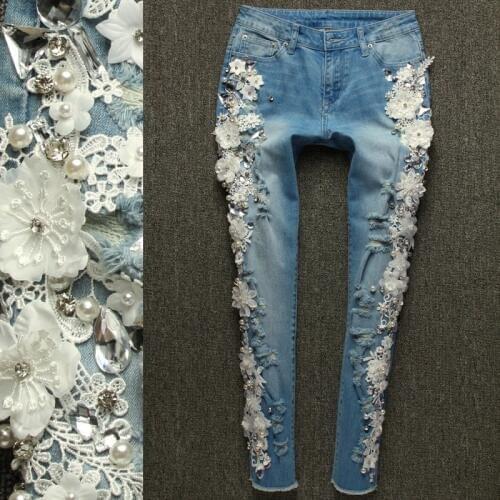 Plus size 25-32!Rhinestones Diamond Jeans 2020 New Fashion Female Slim Beading Lace Flowers Denim Skinny Pencil jean