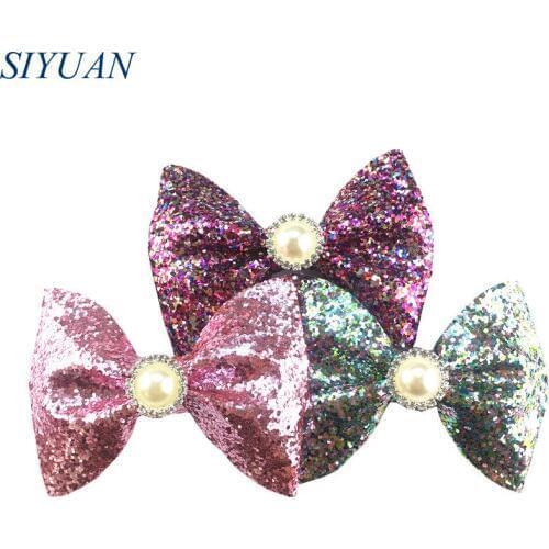 40pcs/lot 3.4*2.6'' Synthetic Leather Sequin Bow with Rhinestone Button Cute Hair Accessories 16 Color for Choose HDJ149