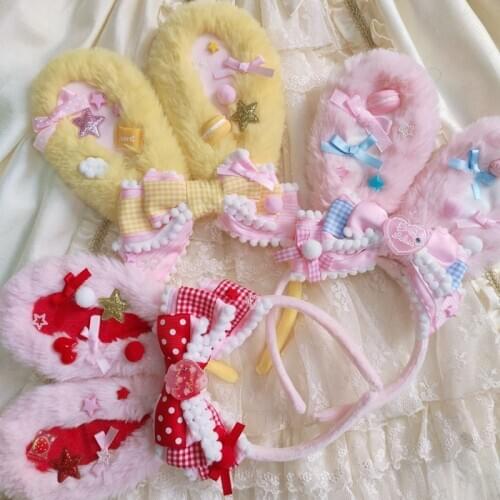Lolita Japanese Rabbit Ear Headband Hair accessories Handmade Cute Girls Student Cute Bowknot KC Hairhoop Headdress Cosplay