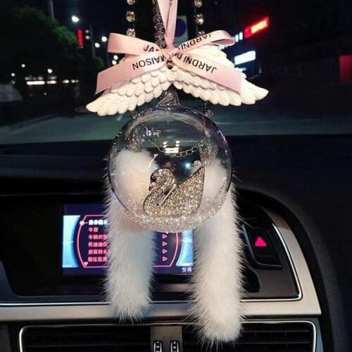 Car Ornament Swan Crystal Pendant Glass Ball Rearview Mirror Hanging Chain Angel Wings Ins Fashion Female Decoration Accessories