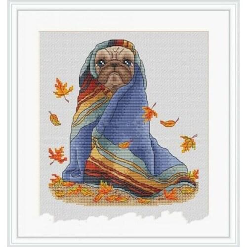 White Counted Cross Stitch Kit Autumn Dog Puppy in Blanket Shivering, Autumn Leaves