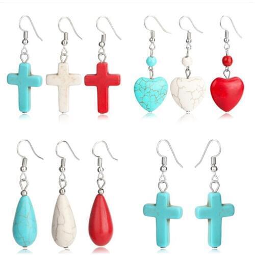 Bohemian Colorful Natural Turquoises Earrings Cross Water Drop Tassel Earring for Women Party Jewelry Accessories