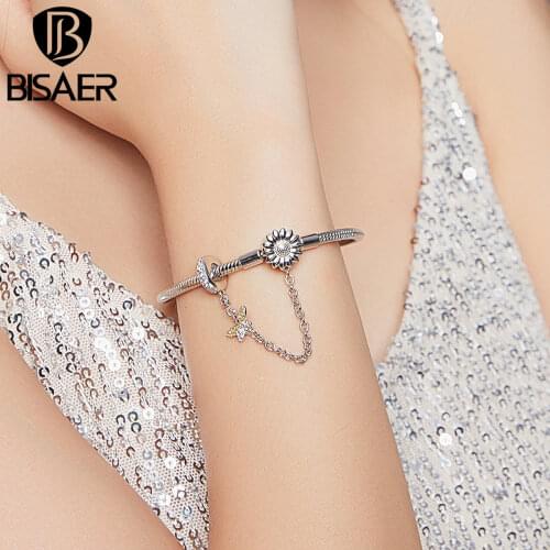 BISAER 100% 925 Sterling Silver Top Quality Snake Bracelet With Daisy Flower Bee Safety Chain DIY Bracelets Accessories EFB041