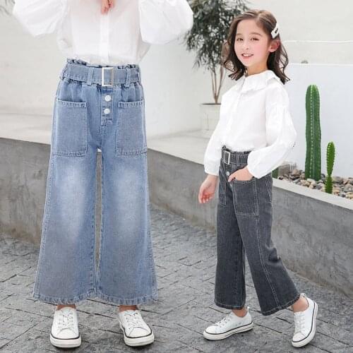 Fashion Girls Wide Leg Denim Jeans With Belt New Spring Summer Kids Bell Bottom Trousers Female Girl Wide Jeans Black Blue Color