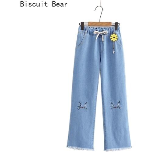 Jeans Women Wide Leg Pants Mom Femme Cartoon Cat Embroidery Jeans 2021 Spring Pockets High Waist Woman Trousers