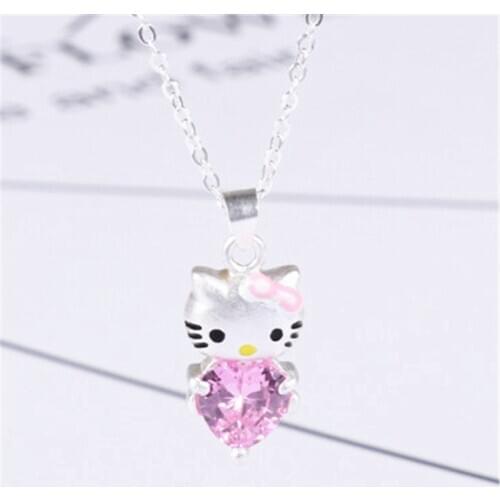 Hot sale pink love heart shaped zircon pendant Kitty cat cat necklace sweet and cute cat clavicle chain