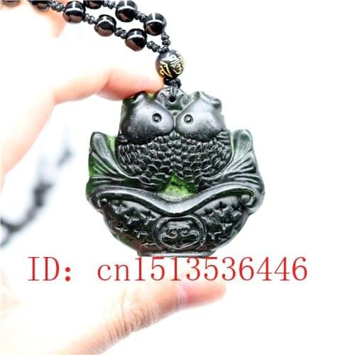 Chinese Black Green Jade Pisces Pendant Natural Hand Carving Necklace Fashion Amulet Luck Gifts Men Sweater Chain Free rope