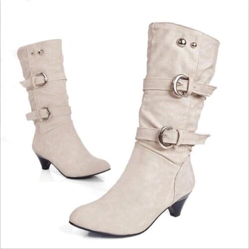 Classic New Mid Calf Boots Women Autumn Winter Fashion mid heel Boots Beige gray Boots Buckle Platform Heel Ladies Shoes Large