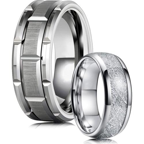 Classic 8mm Meteorite Inlay Stainless Steel Men Wedding Ring Double Groove Beveled Edge Brick Pattern Brushed Mens Wedding Band