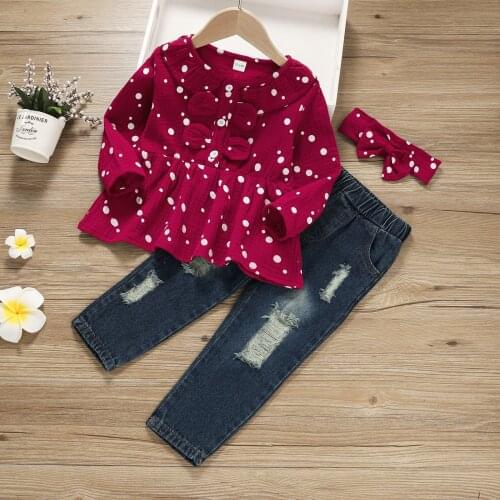 Toddler Girls Clothes Set Baby Girl Long Sleeve Dot Print T-Shirt+Ripped Denim Pants+Headwear 3PCS Outfit Baby Clothing Set