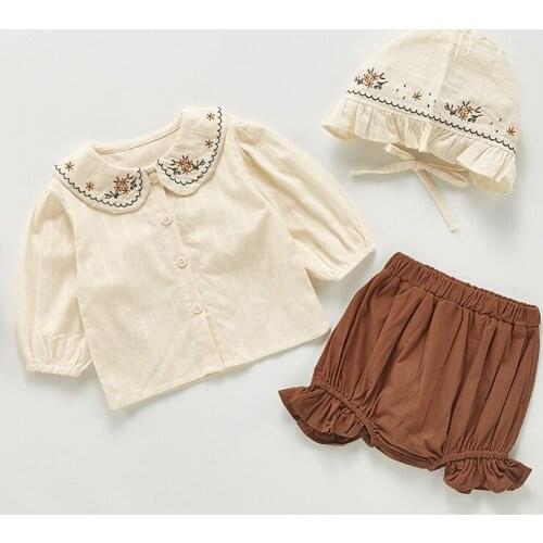 Toddler Baby Clothes Suit Spring Autumn Infant Baby Girls Boys Clothing Sets Long Sleeve Floral Embroidery Shirt+PP Shorts+Hat