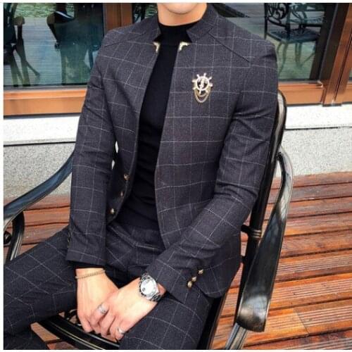 Suit 2 piece set (jacket + pants) fashion England plaid slim lapels fashion daily clothing / mens large size boutique blazer