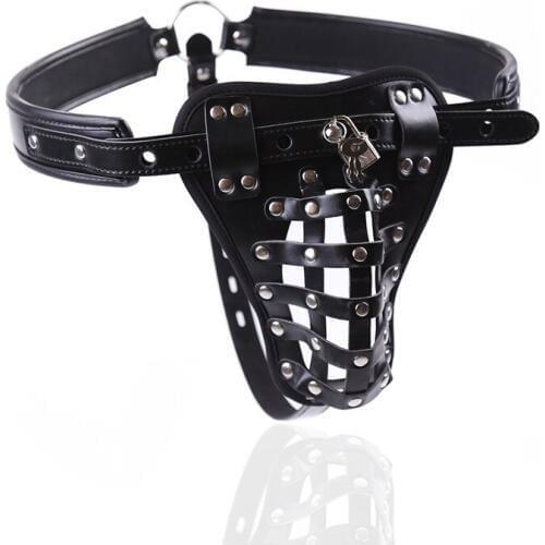 Leather Male chastity belt penis lock cage adult fun alternative toy leather chastity bandage pants Drop shipping
