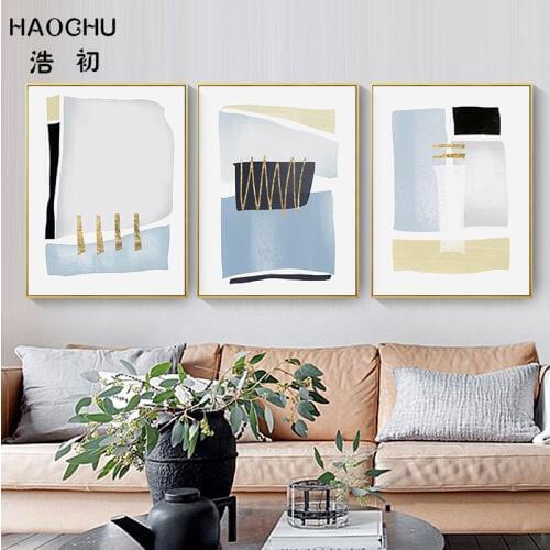HAOCHU Small Fresh Abstract Canvas Painting Blue Black Yellow Geometric Nordic Art Print Poster Home Wall Decor Wall Stickers