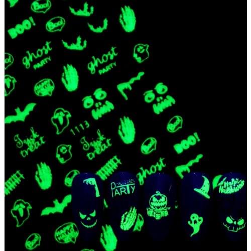 Manicure Decals Halloween Luminous Nail Stickers Witch Pumpkin Skull Fluorescent DIY Nail Art Decorative Decals Halloween Nails