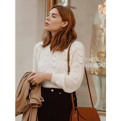 Mohair Knitted Jumper Women Long Puff Sleeve Round Neck Elegant Chic Sweater Laides Autumn Winter Vintage Pullover Tops 2021