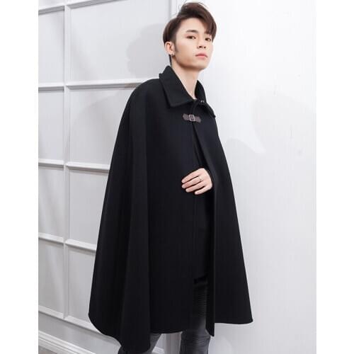 Mens woollen coat British medium and long sleeveless shawl turtleneck coat mens coat loose youth fashion