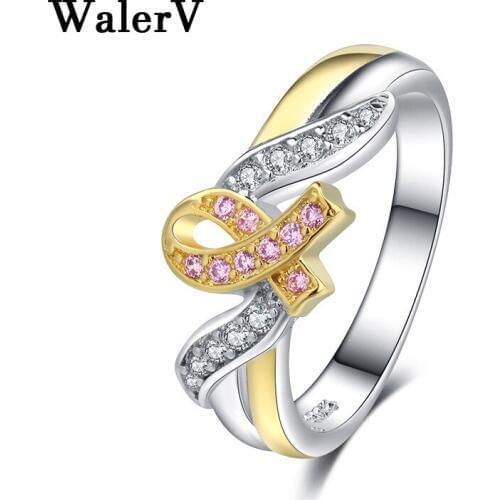WalerV Stamps Gold Color Ring for Women Set High Quality Luxury White Pink Zircon Crystal Ring Engagement Ring Gifts