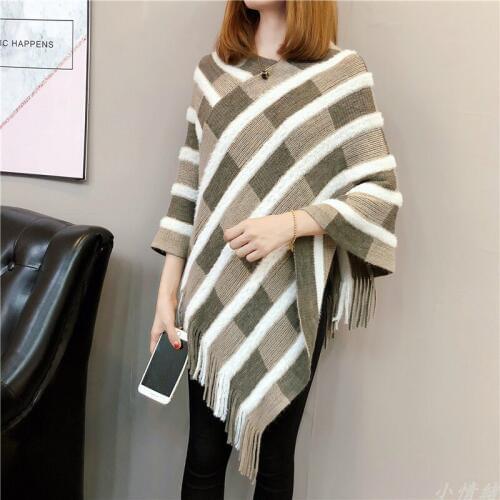 2020 New Women Spring Winter Warm Coat Striped Tassel Shawls Poncho Capes Knitted Cotton Shawl Pullover Sweater Coat Black Red