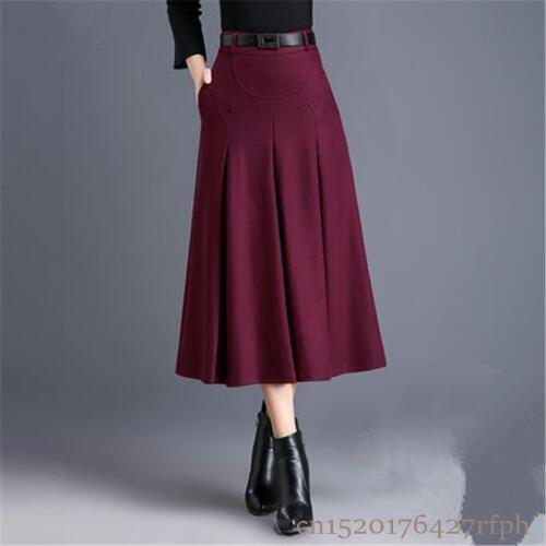 2020 New Fashion OL Autumn Winter Wool Skirts Women Plus Size High Waist Saias Femininas Casual Midi Pleated A-Line Skirt Female