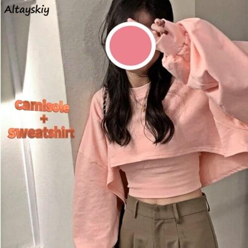 Autumn Sets Women Harajuku Lovely College Girls Crop Top Camisole Basic Simple Loose Ulzzang Workout Teens 2 Piece Outfits Chic