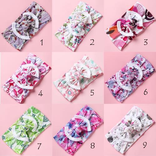 Floral Print Wide Nylon Baby Headband with Pompom Trim, White Pompom Trim Nylon Bow Head wraps, One size fits most