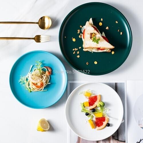 Nordic Western Food Plate Steak Plate Ceramic Breakfast Round Plate Dinner Plate Tray Creative Household Tableware Dark Green