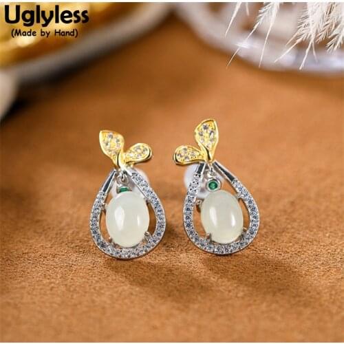 Uglyless Sprouting Crystals Leaves Studs Earrings for Women Hollow Water Drop Earrings Natural Jade Brincos 925 Silver Jewelry