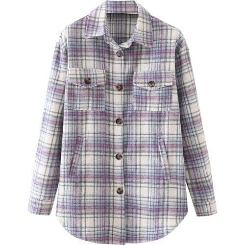 Vintage Women Woolen plaid shirt coat 2021 Spring-Autumn Fashion Ladies Elegant Loose Blouses Streetwear Girls Oversize Outwear