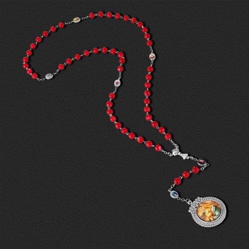 Vintage Red Acrylic Rosary Bead Necklace Devotional Our Lady Virgin Mary Pendant Necklace Religious Catholic Prayer Jewelry Gift