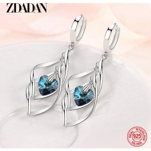 ZDADAN 925 Sterling Silver Hollow Blue Crystal Long Drop Earrings For Women Fashion Wedding Jewelry Gift