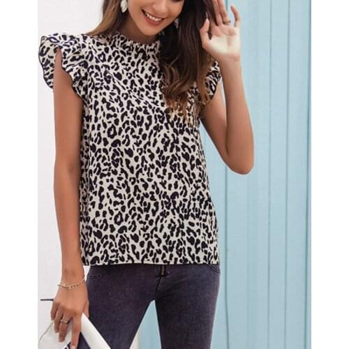 Uclio Ladies High Neck Petal Sleeve Leopard Print Fashion Tops Picture Color